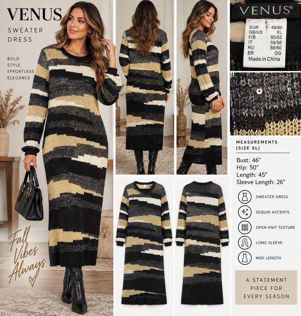VENUS XL Sweater Dress Black Gold Ivory Sequin Open Knit Long Sleeve Midi